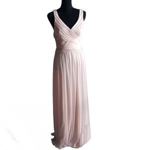 David's Bridal Pink/Peach Chiffon Formal Gown Crisscross Back V-Neck Lined Ruche